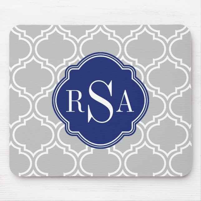 Grått Tile Lattice Mönster Blue Monogram Musmatta (Framsidan)