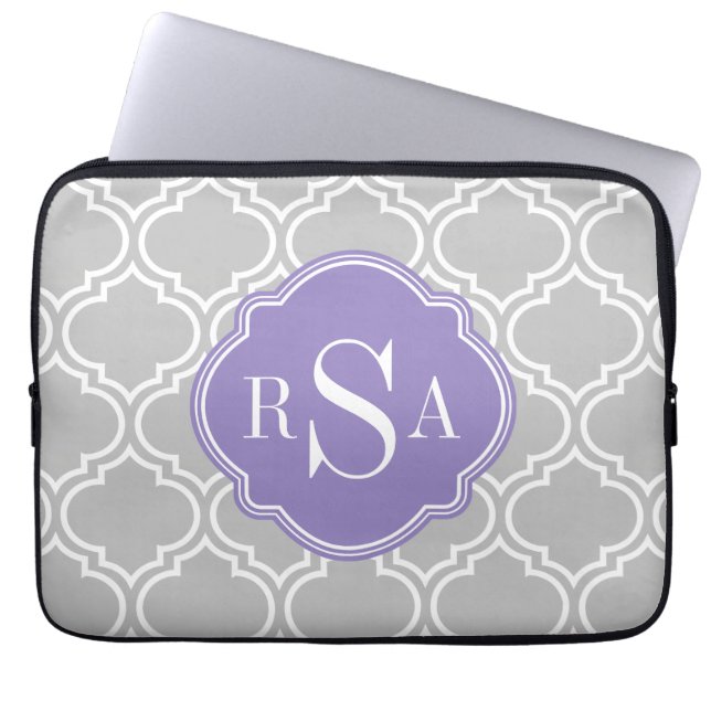 Grått Tile Lattice Mönster Lavender Monogram Laptop Sleeve (Framsidan)