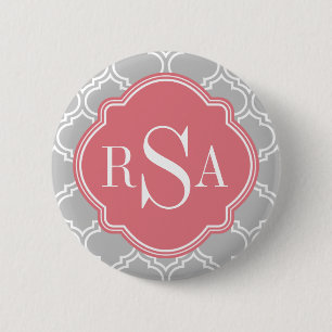 Grått Tile Lattice Mönster Rosa Monogram Knapp