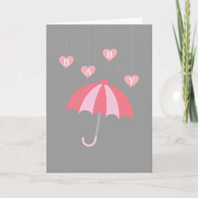 Grått tjej-babyshower med kärlek och rosa paraply inbjudan (Framsida)