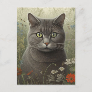 Grått Tom-katt i ett vykort för Blomsterträdgård
