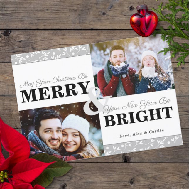 Grått Tones jul Greenery Mönster 2-fotokort Julkort (Merry & Bright 2-Photo Holiday Card with Gray-Tone Typography )