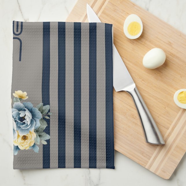 Grått Top med Rand Blommigt Kökshandduk (Vikt i Fjärdedel)