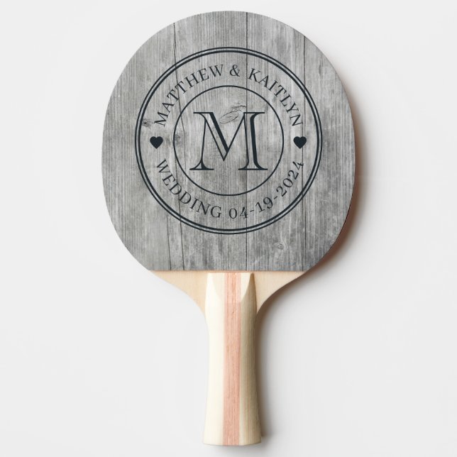 Grått Trä Bröllops Monogram Hjärta Pingisracket (Framsidan)
