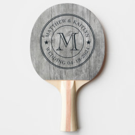 Grått Trä Bröllops Monogram Stjärna Pingisracket