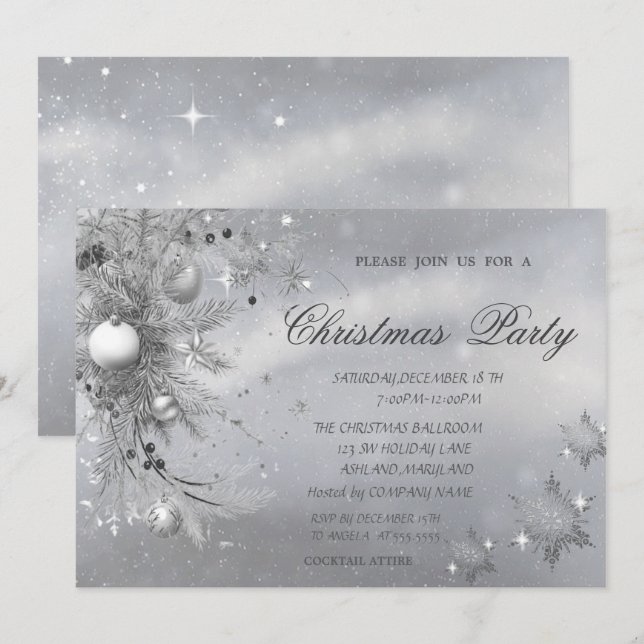 Grått Träd Gren Bollar Snöflingor jul Inbjudningar (Fram/baksida)