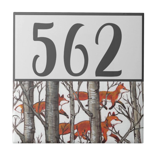 Grått Träd Red Fox House Number - malltyp Kakelplatta (Framsidan)