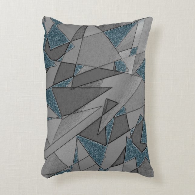 Grått-triangelskärningar med mörk blått delara gro prydnadskudde (Framsidan(Vertikal))