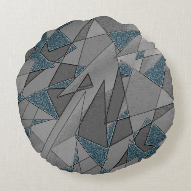 Grått-triangelskärningar med mörk blått delara gro rund kudde (Baksidan)