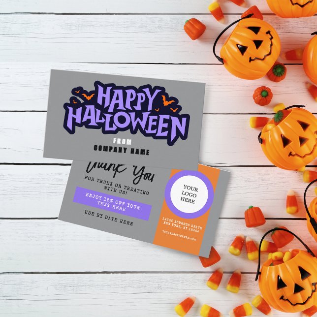 Grått Trunk eller Treat Halloween Coupon Visitkort (Halloween Discount Coupon Business Cards Pack of 100 in Orange, Purple and Grey and Black)