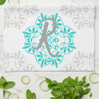 Grått Turcos Modern Kaleidoscope Damask Pattern Kökshandduk