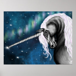 Grått Unicorn med Aurora Dance Poster