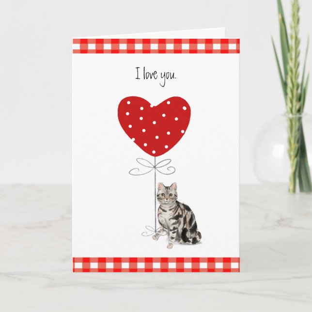 Grått Valentine Cat med Heart Balloon Red & White Kort (Framsida)