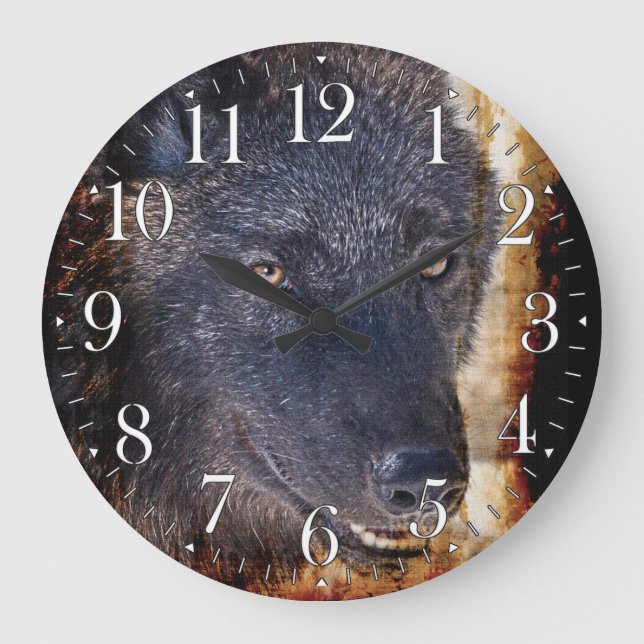 Grått Varg Ansikte Wildlife-Supporter Art Clock Stor Klocka (Framsida)
