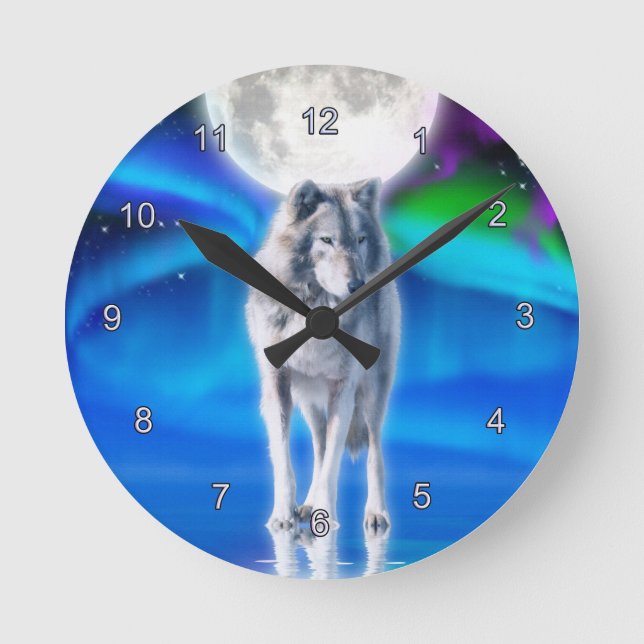 Grått Varg & Aurora Måne Wildlife Art Clock Rund Klocka (Framsida)