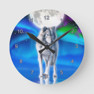 Grått Varg & Aurora Måne Wildlife Art Clock Rund Klocka