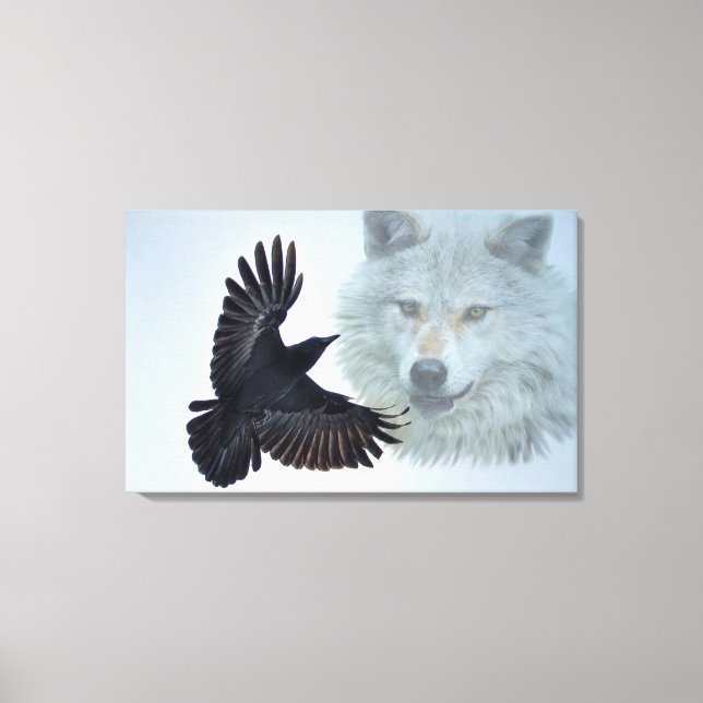 Grått Varg & Black Raven Wildlife Art Skriv ut Canvastryck (Framsida)