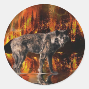 Grått Varg & Forest Fire Survival Wildlife Art Runt Klistermärke