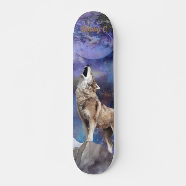 Grått Varg Howling vid Måne Skate Deck (Framsida)