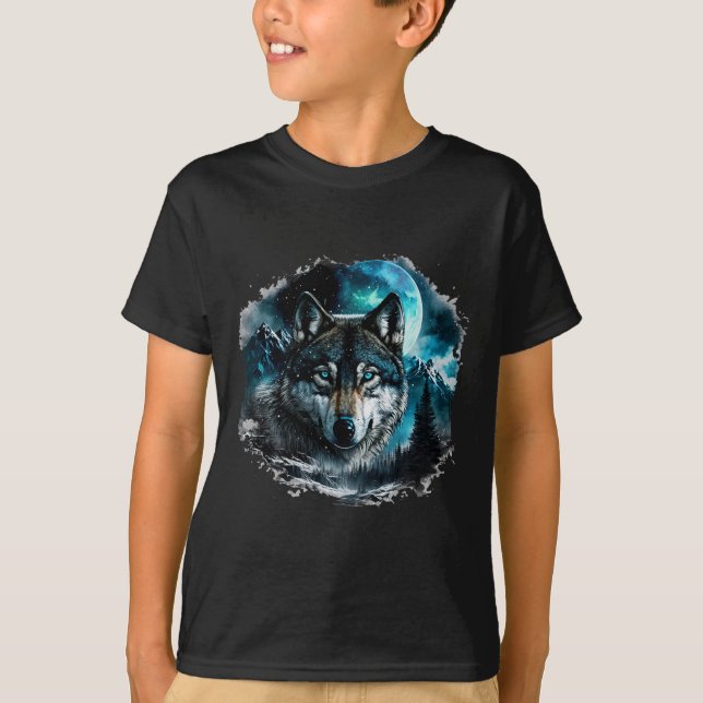 Grått Varg Hunting Ground Isig Måne Forest Galaxy T Shirt (Framsida)