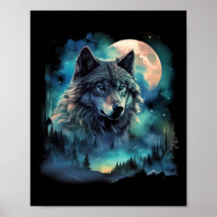Grått Varg Hununds Isig Måne Forest Galaxy Poster