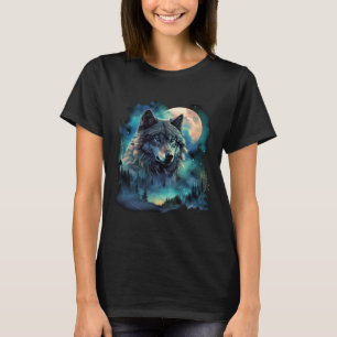 Grått Varg Hununds Isig Måne Forest Galaxy T Shirt
