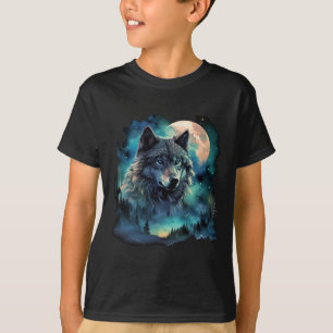 Grått Varg Hununds Isig Måne Forest Galaxy T Shirt