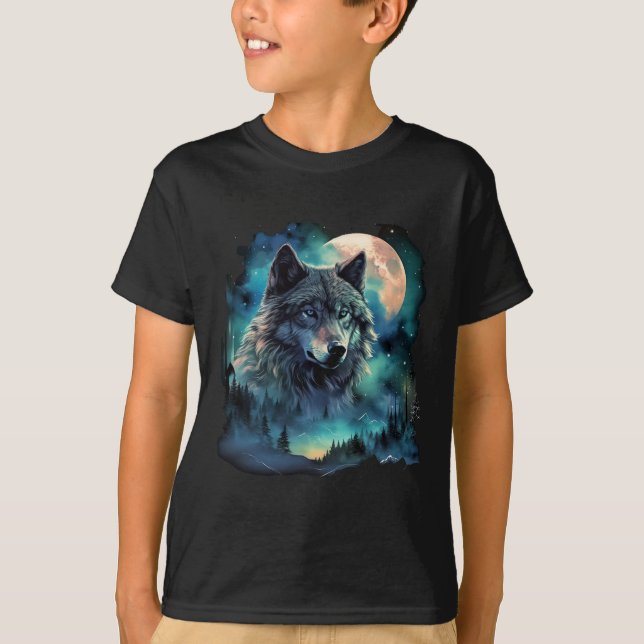 Grått Varg Hununds Isig Måne Forest Galaxy T Shirt (Framsida)