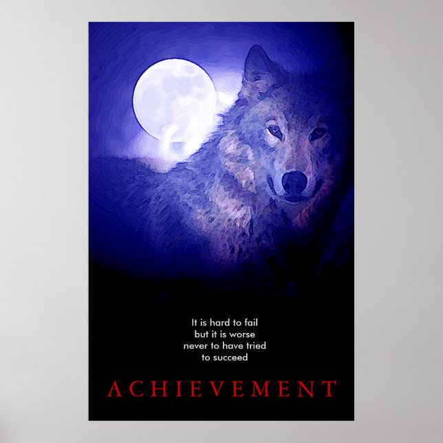 Grått Varg Motivation Unik Blue Night Fullmoon Poster (Framsidan)