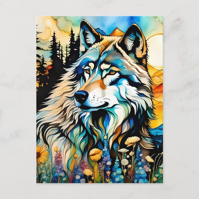 Grått varg och Wildblommor Vykort (Framsida)