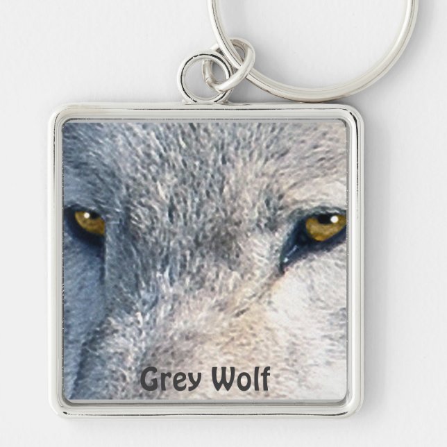 GRÅTT VARG ÖGON Wildlife Art Nyckel chain Fyrkantig Silverfärgad Nyckelring (Framsidan)