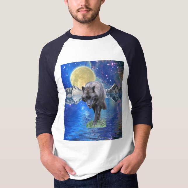 GRÅTT VARG & OUTER-SPACE Fantasy Wildlife Art T Shirt (Framsida)