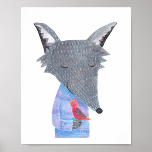 Grått Varg Red Bird Woodland Illustration Poster