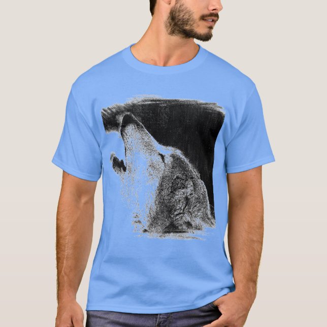 Grått Varg Sketch Artwork Blue Färg T Shirt (Framsida)