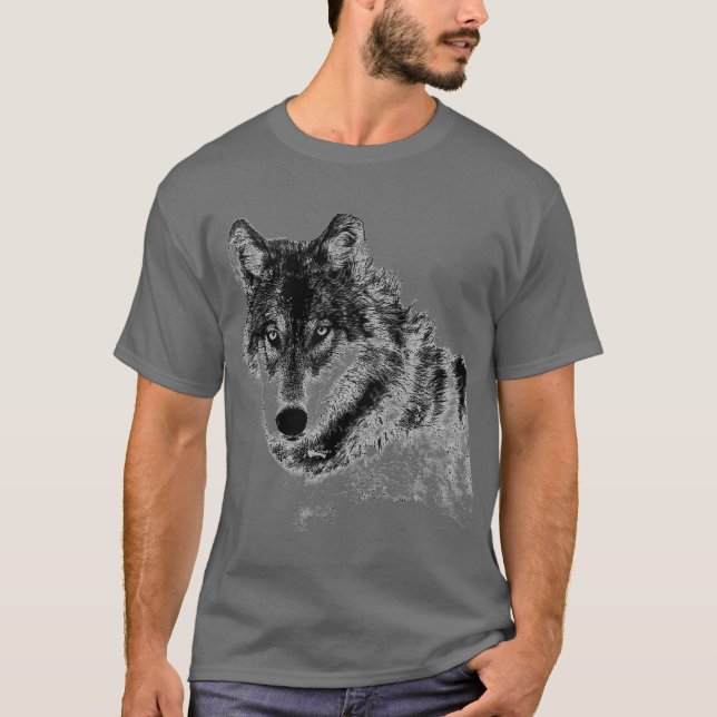 Grått Varg Sketch Artwork T Shirt (Framsida)