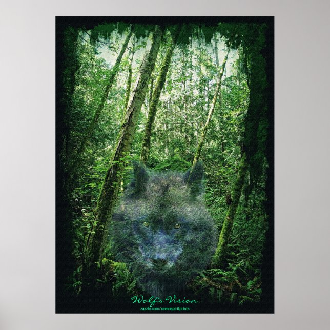 Grått Varg Spirit i Forest Eco Fantasy Art Poster (Framsidan)