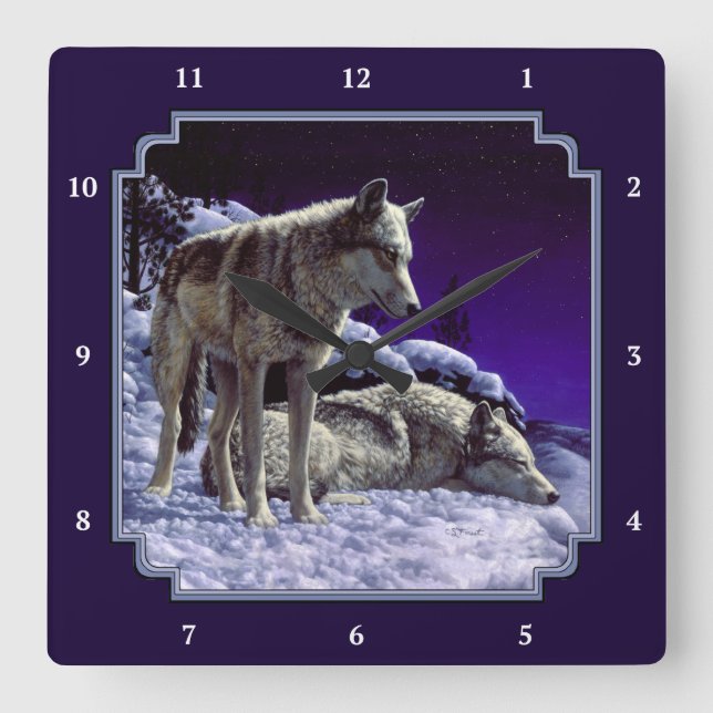 Grått-Vargar i Winter Snö på natten Fyrkantig Klocka (Framsida)