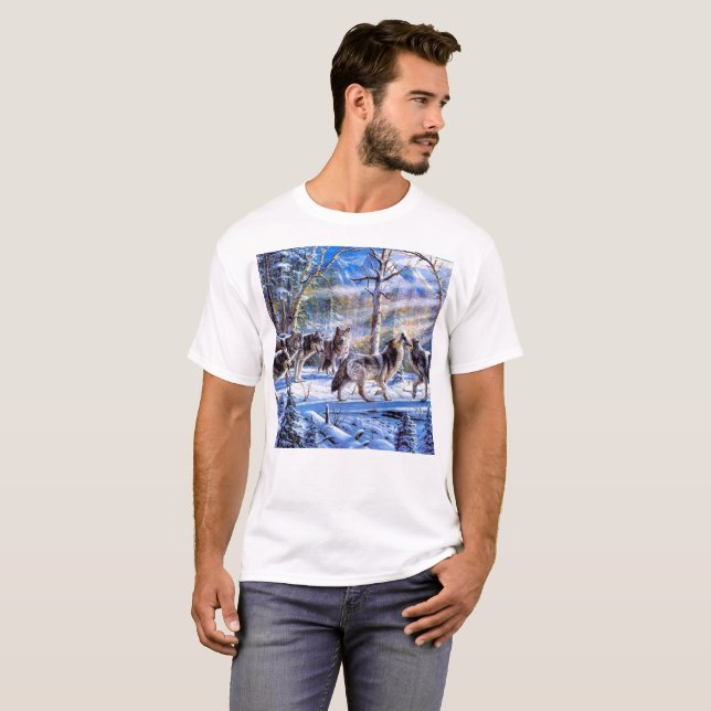 Grått Vargars-målning T Shirt (Hel framsida)