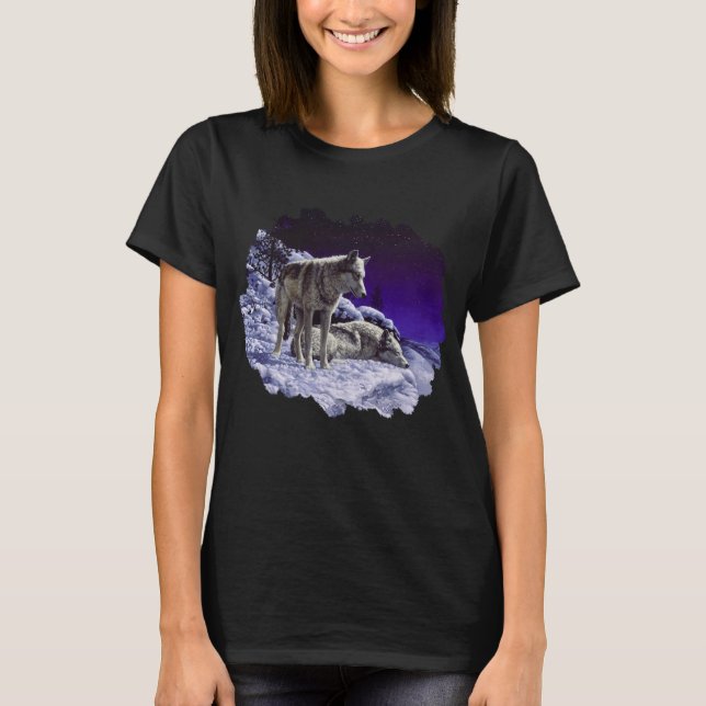 Grått-Varger i Winter Snö på natten T Shirt (Framsida)