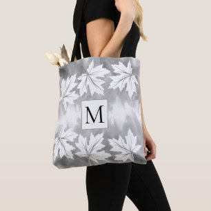 Grått vattenfärg tvättar löv och monogram tygkasse