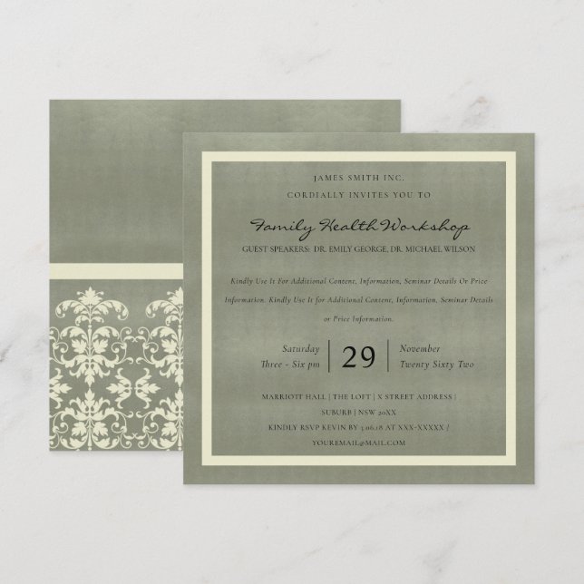 GRÅTT VELVET WHITE DAMASK CLASSIC WORKSHOP EVENT INBJUDNINGAR (Fram/baksida)