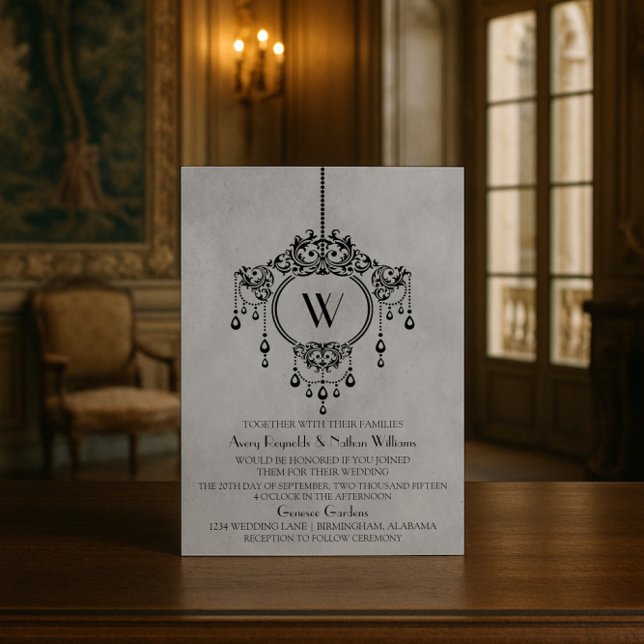 Grått Vintage Chandelier bröllopsinbjudan Inbjudningar (Gray Vintage Chandelier Wedding Invite)