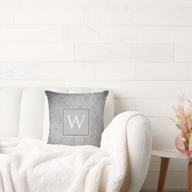 Grått Vintage Damask Monogram Dekorativ kudde (Soffa)