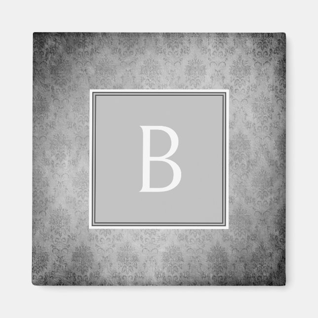 Grått Vintage Damask Monogram Magnet (Framsidan)