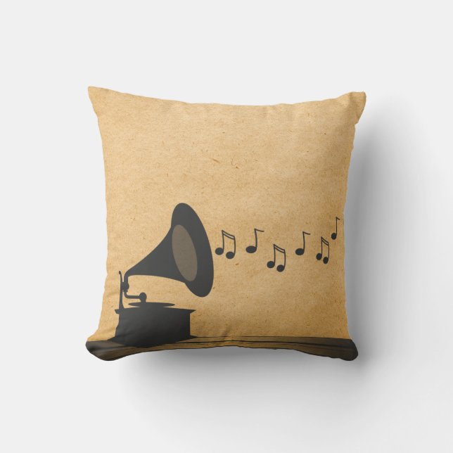 Grått Vintage Gramophone Pillow Kudde (Framsida)