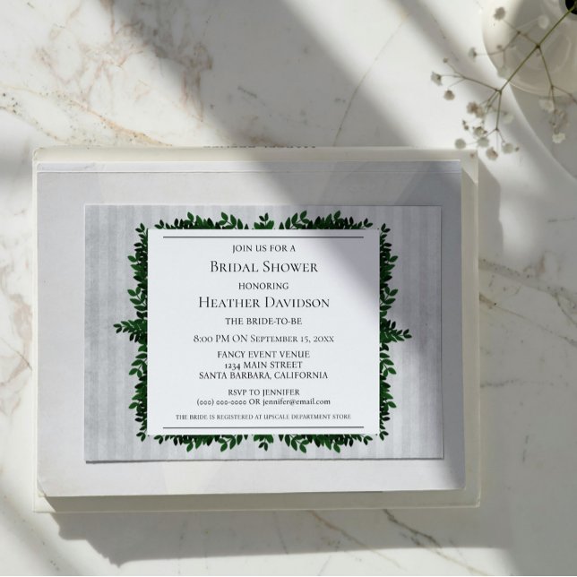 Grått Vintage Stripe Foliage Möhippa Inbjudan (Gray Vintage Striped Foliage Bridal Shower Invite)