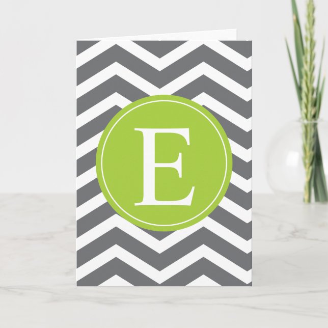 Grått Vit Chevron-Grönt Monogram Anteckningskort (Framsida)