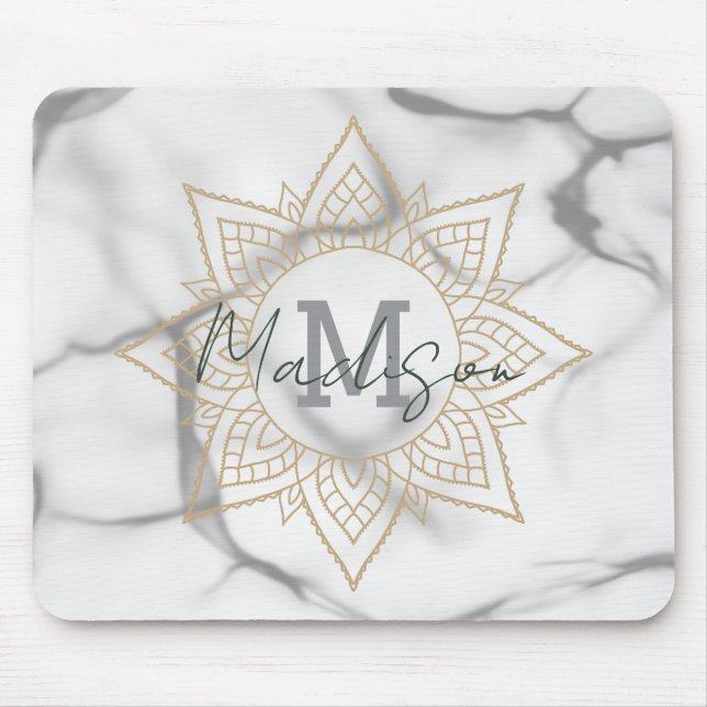 Grått & vit marmoreffekt Guld Mandala Monogram Musmatta (Framsidan)