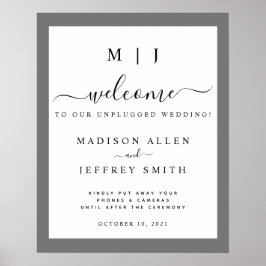 Grått & vit monogram ej ansluten Bröllop-skylt Poster