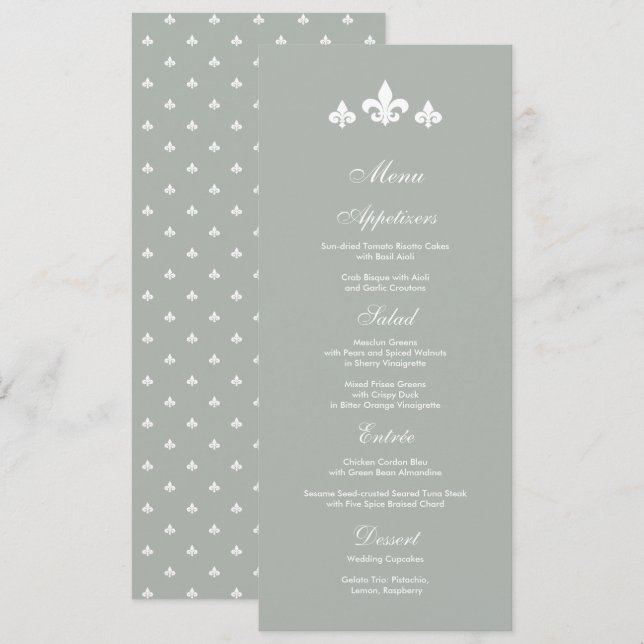 Grått | Vita Fleur-de-lis Bröllop Menu-kort Meny (Fram/baksida)